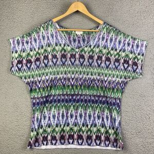 Chicos Womens Top Size 2 Blue Green White Geometric Shirt Rhinestones V Neck s/s
